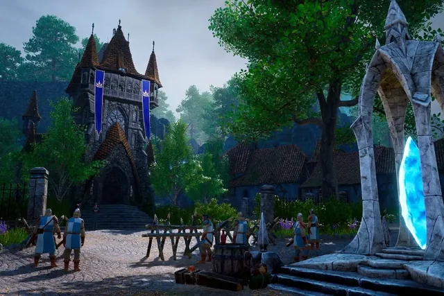 A town square in King's Bounty II: guards, market stalls and a lit portal under heavy foliage