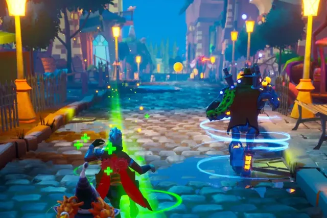 Three Metarun heroes racing down a lamplit street, each ringed by a speed trail
